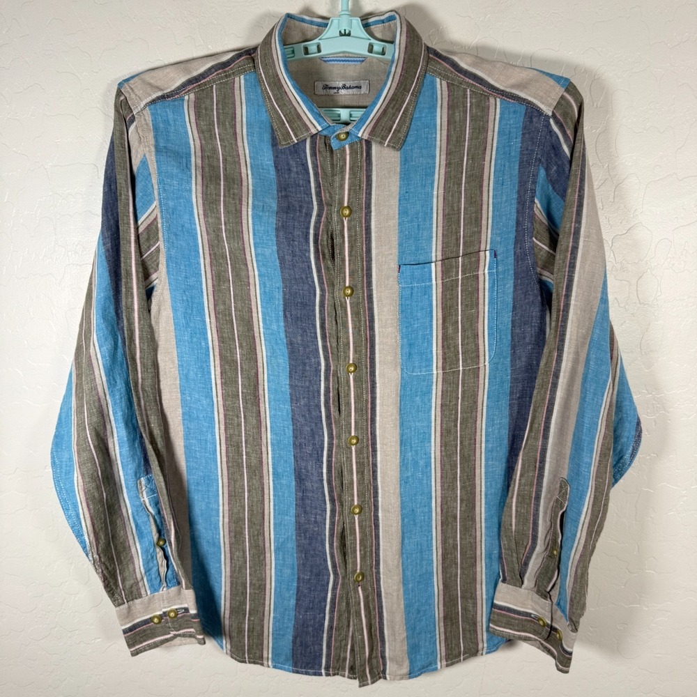Tommy Bahama Shirt Mens Large Blue Gray Linen Hawaiian Button Up Beach Striped